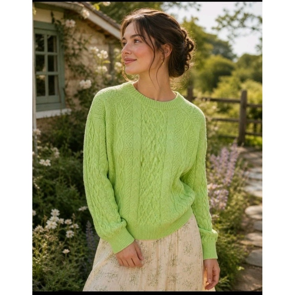 New J Crew Womens Cable Knit Crewneck Sweater Lime Green Cotton Size‎ L Preppy